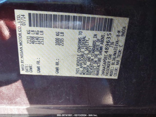 Nissan Maxima 3.5 Sv 2014 1N4AA5AP0EC489635 Image 9