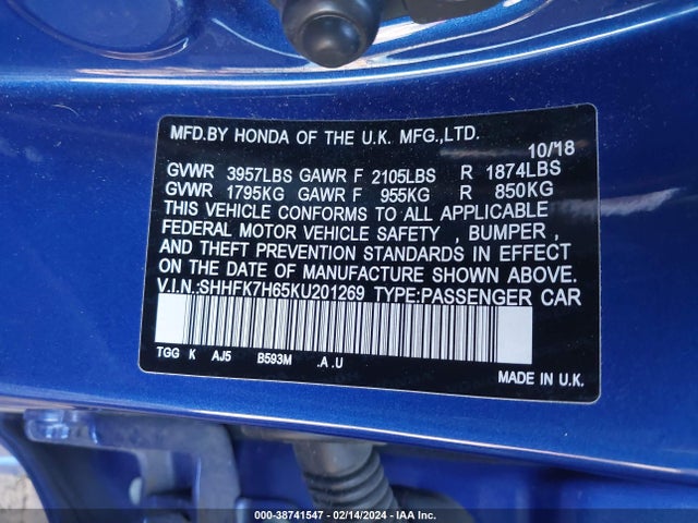 Honda CIVIC EX 2019 SHHFK7H65KU201269 Image 9