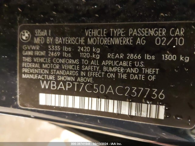 2010 BMW 535I XDRIVE VIN: WBAPT7C50AC237736
