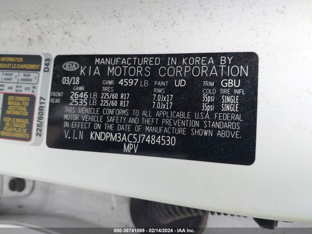 2018 KIA SPORTAGE LX VIN: KNDPM3AC5J7484530