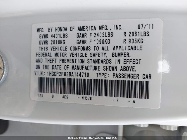 2011 HONDA ACCORD 2.4 EX-L VIN: 1HGCP2F83BA144710