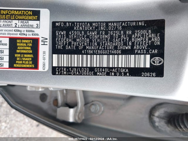2016 TOYOTA AVALON XLE VIN: 4T1BK1EB6GU214606