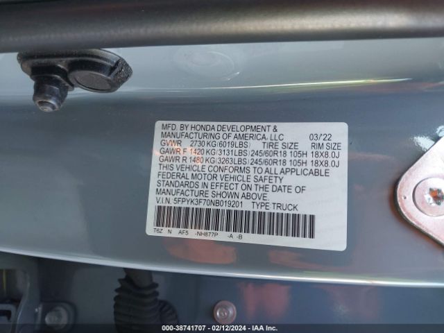 5FPYK3F70NB019201 Honda Ridgeline Rtl-e