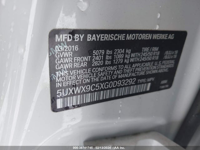 2016 BMW X3 XDRIVE28I VIN: 5UXWX9C5XG0D93292