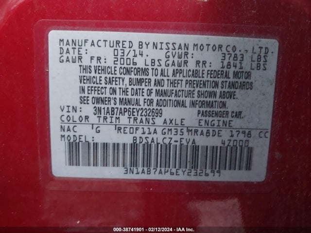 2014 NISSAN SENTRA S VIN: 3N1AB7AP6EY232699