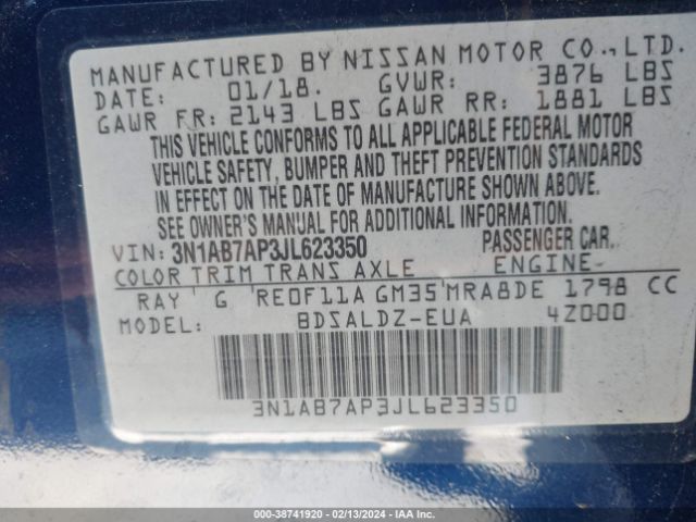 3N1AB7AP3JL623350 Nissan SENTRA SV