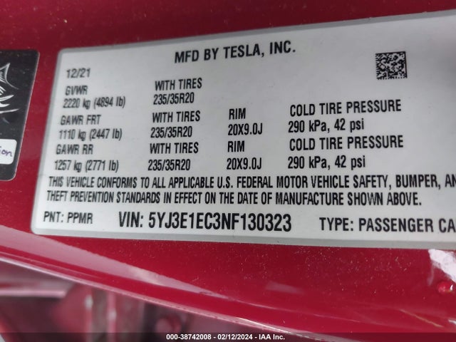 5YJ3E1EC3NF130323 Tesla Model 3 Performance Dual Motor All-wheel Drive