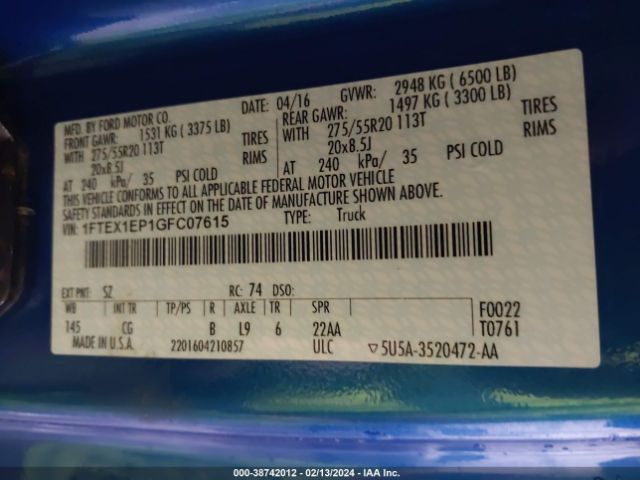 1FTEX1EP1GFC07615 Ford F-150 Xl
