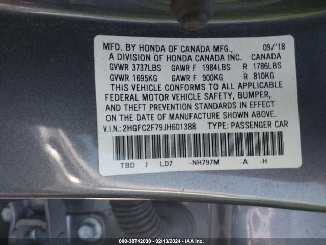 Honda CIVIC EX 2018 2HGFC2F79JH601388 Image 9