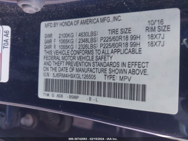 5J6RM4H9XGL126505 Honda Cr-v Touring