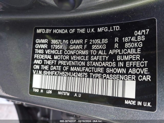 Honda CIVIC EX 2017 SHHFK7H52HU424675 Image 9