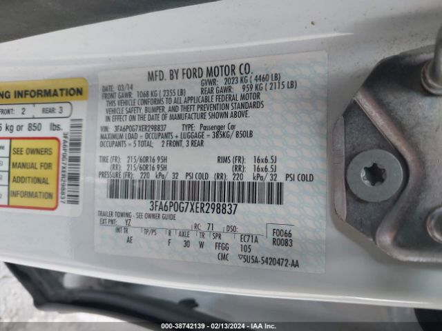 3FA6P0G7XER298837 Ford FUSION S