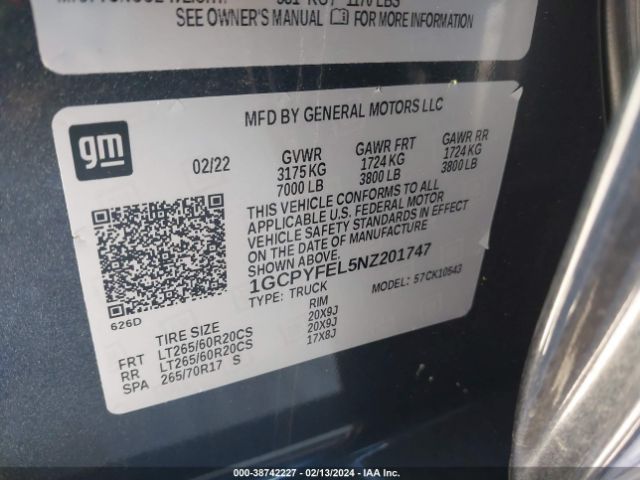 1GCPYFEL5NZ201747 Chevrolet Silverado 1500 Ltd 4wd  Short Bed Lt Trail Boss