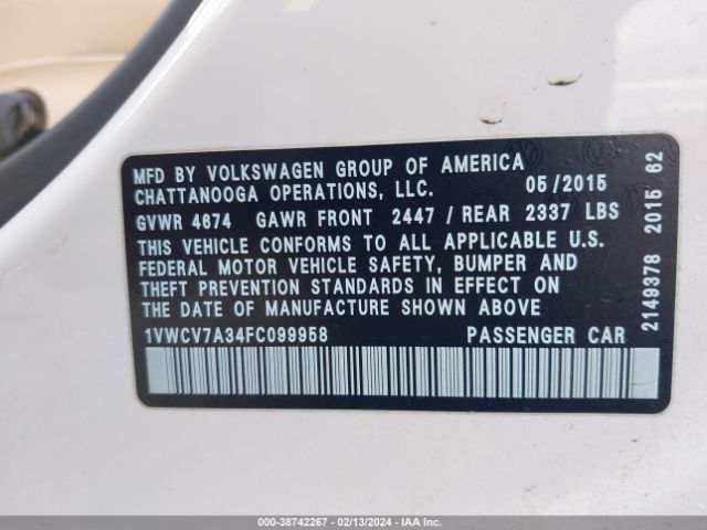 1VWCV7A34FC099958 Volkswagen Passat 2.0l Tdi Sel Premium