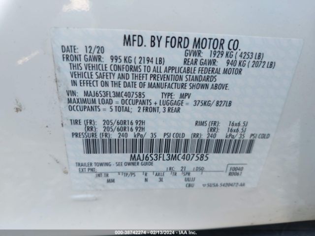 MAJ6S3FL3MC407585 Ford ECOSPORT S