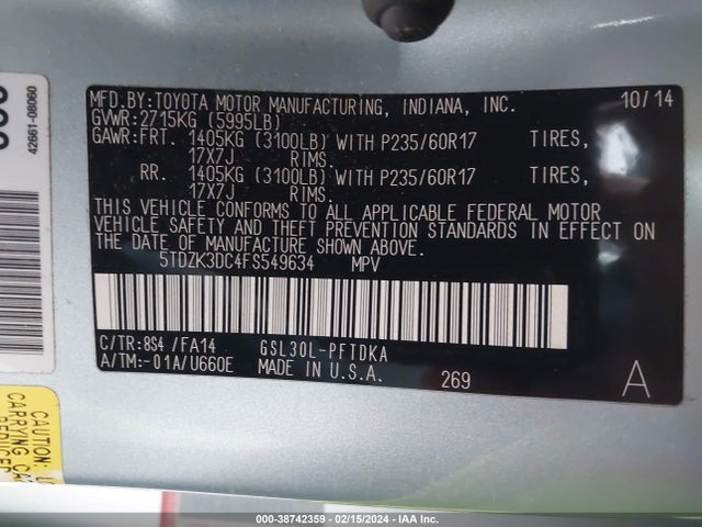 Toyota Sienna L 7 Passenger 2015 5TDZK3DC4FS549634 Image 9