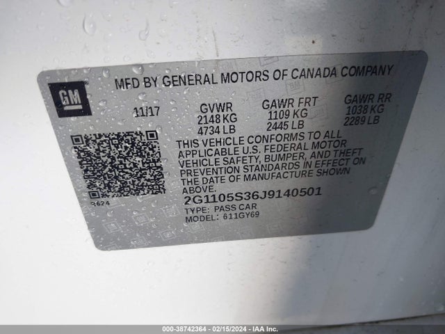 Chevrolet IMPALA 1LT 2018 2G1105S36J9140501 Image 9