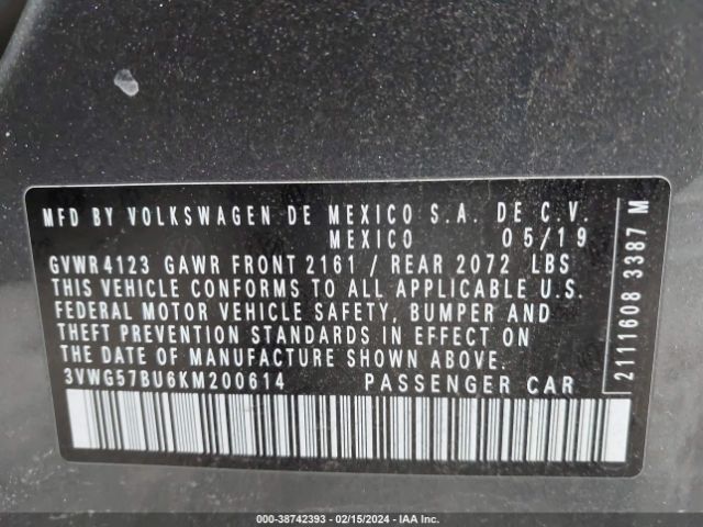 3VWG57BU6KM200614 Volkswagen Jetta 1.4t Sel Premium