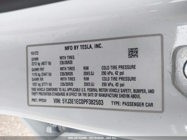 5YJ3E1EC0PF382503 Tesla Model 3 Performance Dual Motor All-wheel Drive