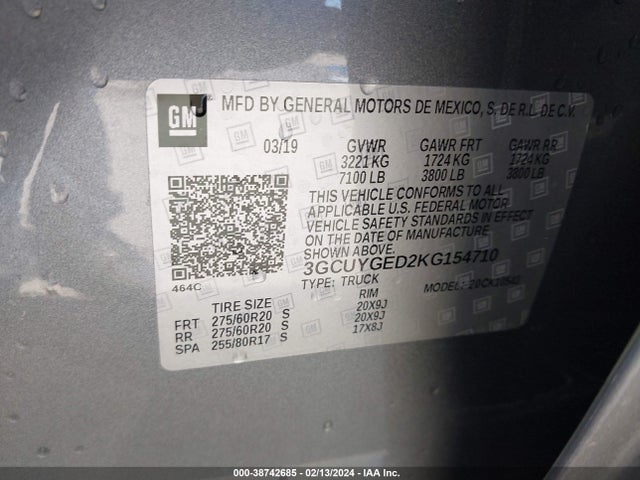 2019 CHEVROLET SILVERADO 1500 LTZ VIN: 3GCUYGED2KG154710