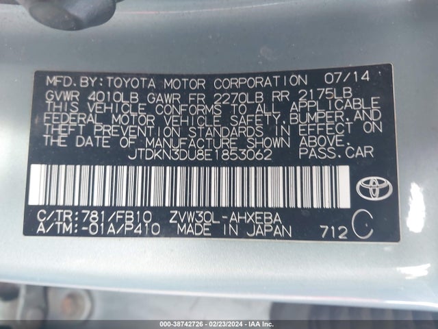 Toyota Prius Three 2014 JTDKN3DU8E1853062 Image 9