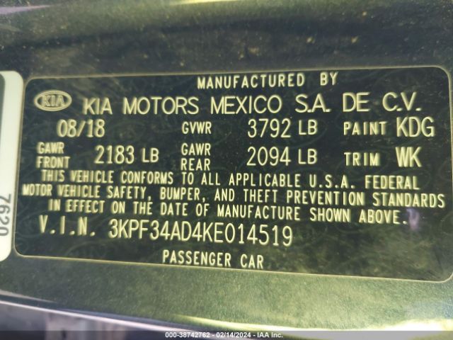 3KPF34AD4KE014519 KIA FORTE S