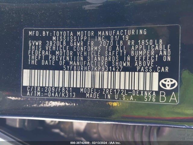 Toyota COROLLA LE 2019 5YFBURHE7KP931427 Image 9