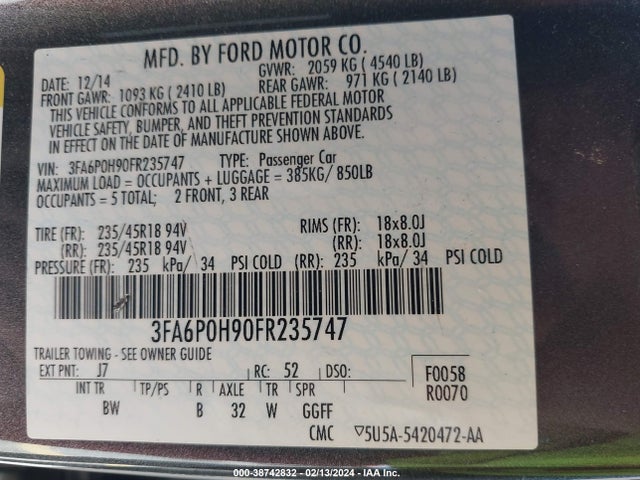 Ford FUSION SE 2015 3FA6P0H90FR235747 Image 9