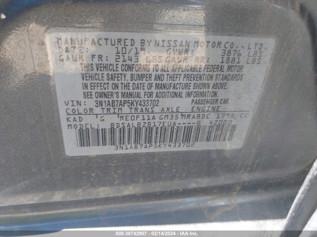 Aukcja sprzedaży 2019 Nissan Sentra S, vin: 3N1AB7AP5KY433702, numer aukcji: 38742907