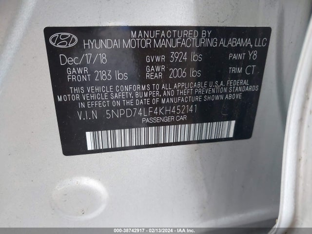 2019 HYUNDAI ELANTRA SE VIN: 5NPD74LF4KH452141