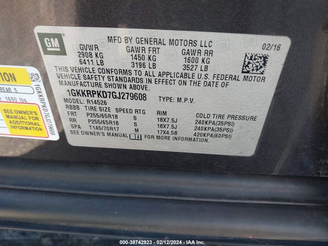 GMC Acadia Sle-2 2016 1GKKRPKD7GJ279608 Image 9