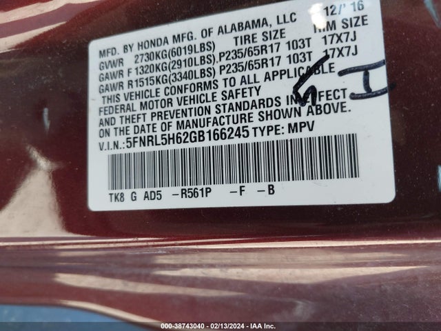 Honda Odyssey Ex-l 2016 5FNRL5H62GB166245 Image 9