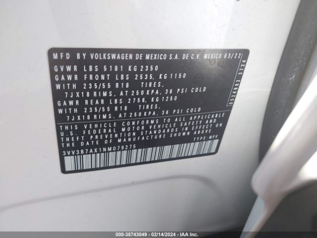 3VV3B7AX1NM079275 Volkswagen Tiguan 2.0t Se