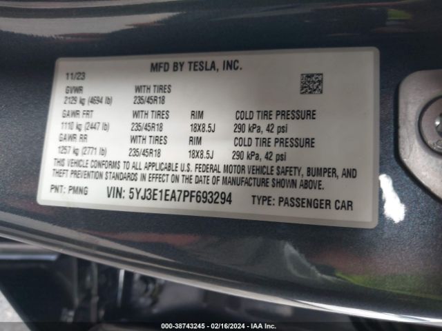 5YJ3E1EA7PF693294 Tesla Model 3 Rear-wheel Drive