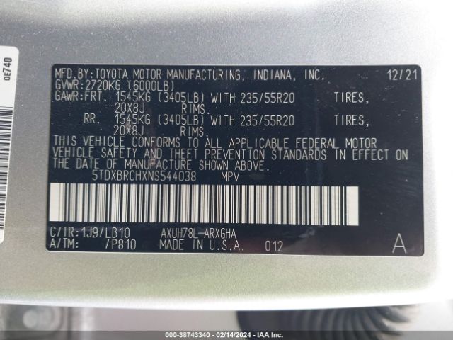 5TDXBRCHXNS544038 Toyota Highlander Hybrid Limited