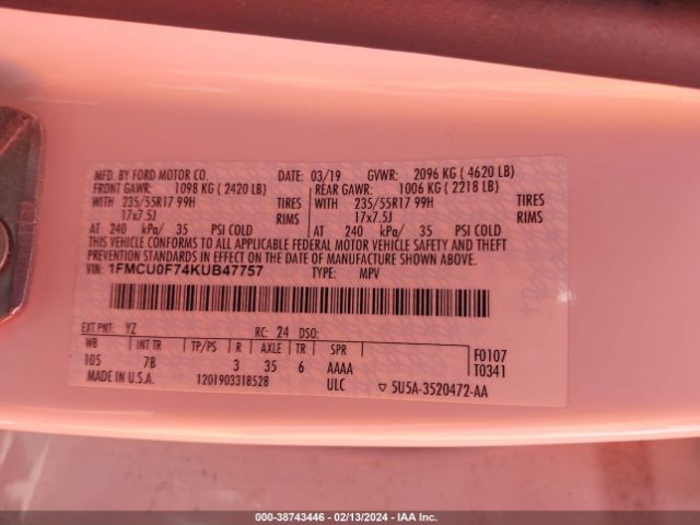1FMCU0F74KUB47757 Ford ESCAPE S
