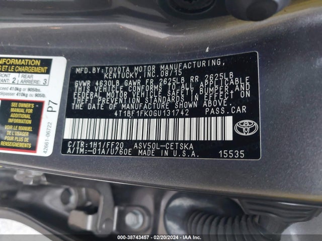 Toyota CAMRY SE 2016 4T1BF1FK0GU131742 Image 9