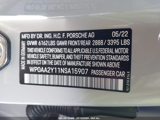 2022 PORSCHE TAYCAN WP0AA2Y11NSA15907 Photo 8