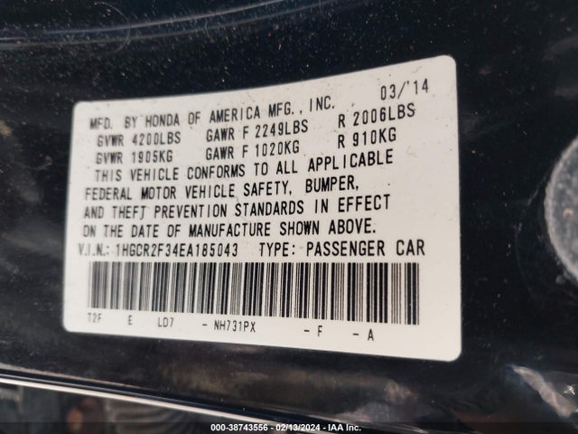 Honda ACCORD LX 2014 1HGCR2F34EA185043 Image 9