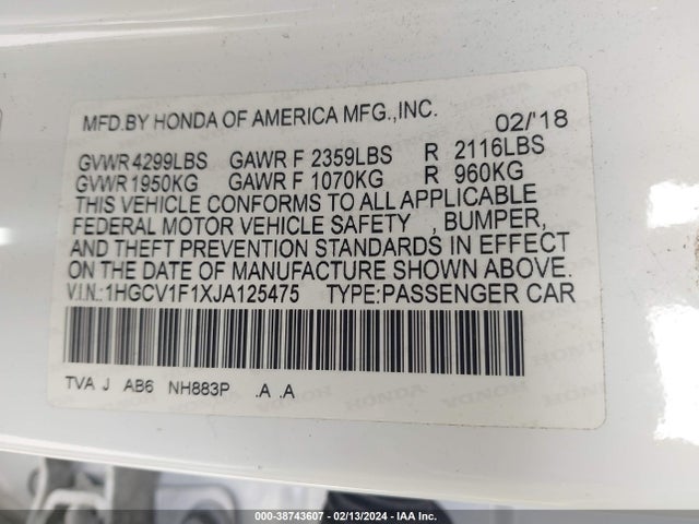 Honda ACCORD LX 2018 1HGCV1F1XJA125475 Image 9