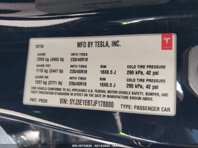 5YJ3E1EB7JF178800 Tesla Model 3 Long Range/performance