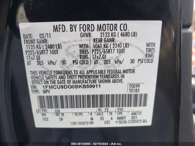 Продажа на аукционе авто 2011 Ford Escape Xlt, vin: 1FMCU9DG0BKB59911, номер лота: 38743658