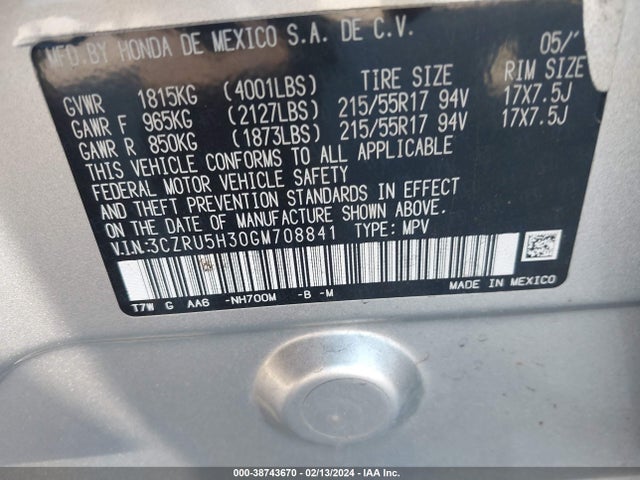 Honda HR-V LX 2016 3CZRU5H30GM708841 Image 9