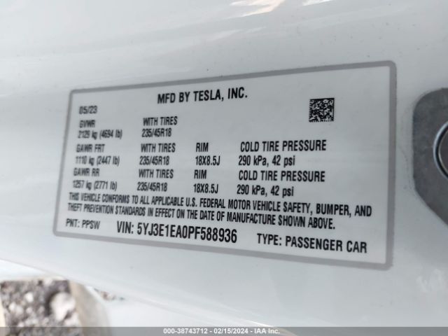 5YJ3E1EA0PF588936 Tesla Model 3 Rear-wheel Drive