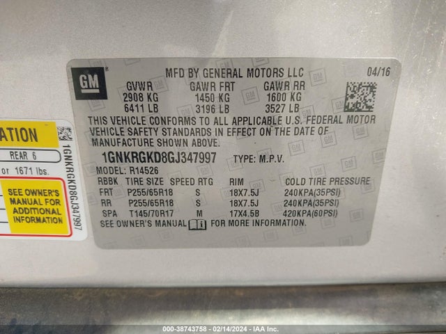 Chevrolet Traverse 1lt 2016 1GNKRGKD8GJ347997 Image 9