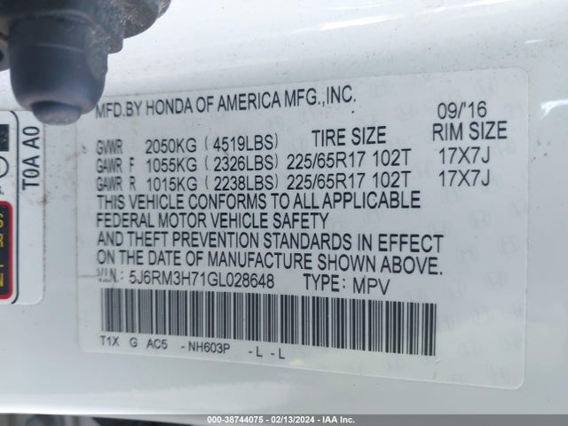 Honda Cr-v Ex-l 2016 5J6RM3H71GL028648 Image 9