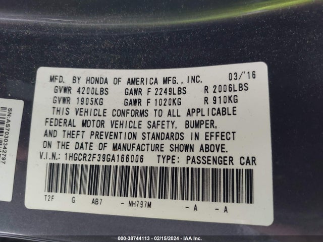 Honda ACCORD LX 2016 1HGCR2F39GA166006 Image 9