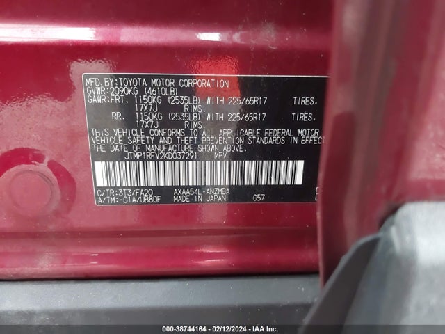 2019 Toyota Rav4 Xle მანქანა იყიდება აუქციონზე, vin: JTMP1RFV2KD037291, აუქციონის ნომერი: 38744164