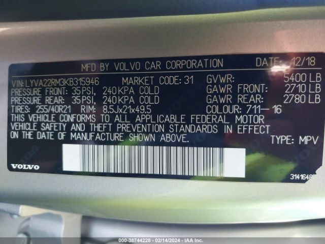 LYVA22RM3KB315946 Volvo Xc60 T6 R-design