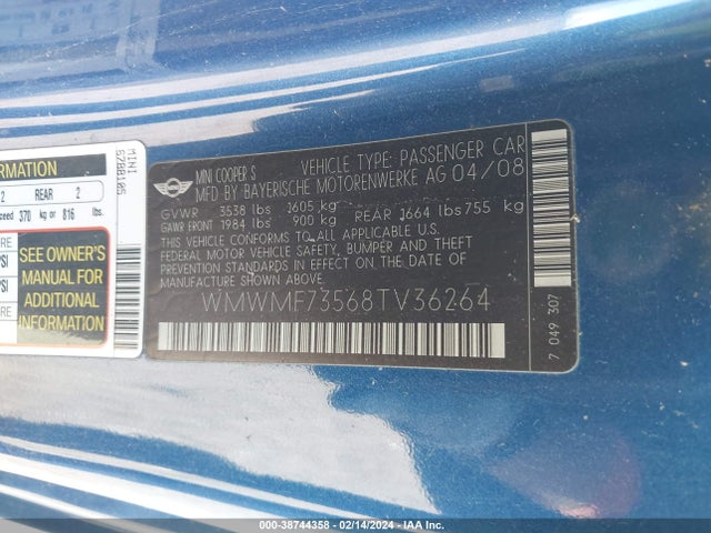 2008 MINI COOPER S WMWMF73568TV36264 Photo 8